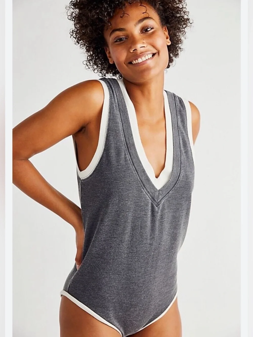 Free People Intimately Cozy Cool Girl Tank Bodysuit grey with ivory trim